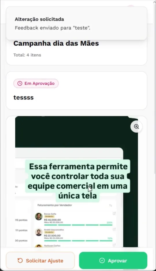 Histórico de uma peça no Manyfesto com as rodadas de aprovação e os pedidos de ajuste do cliente