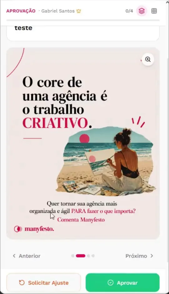 Link de aprovação do Manyfesto no celular: a peça em pré-visualização com os botões Solicitar ajuste e Aprovar