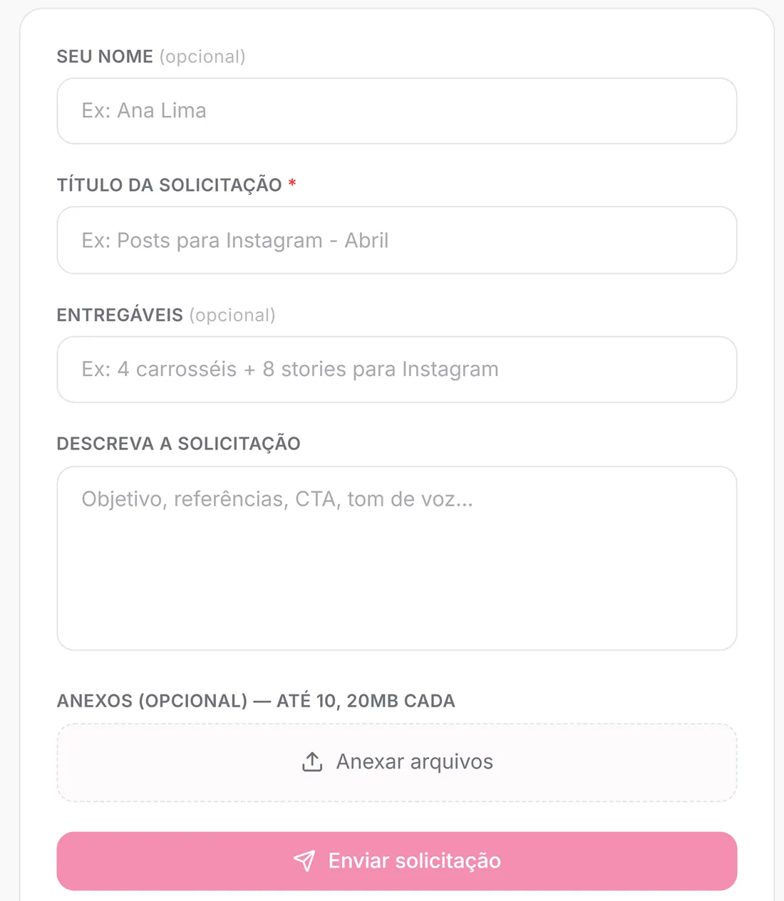 Formulário de solicitação do Manyfesto, em que o cliente informa as peças, as instruções e os anexos do pedido