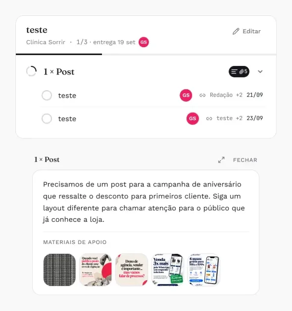 Demanda no Manyfesto com o entregável 1 × Post, duas tarefas com responsável e data, a instrução do pedido e os materiais de apoio